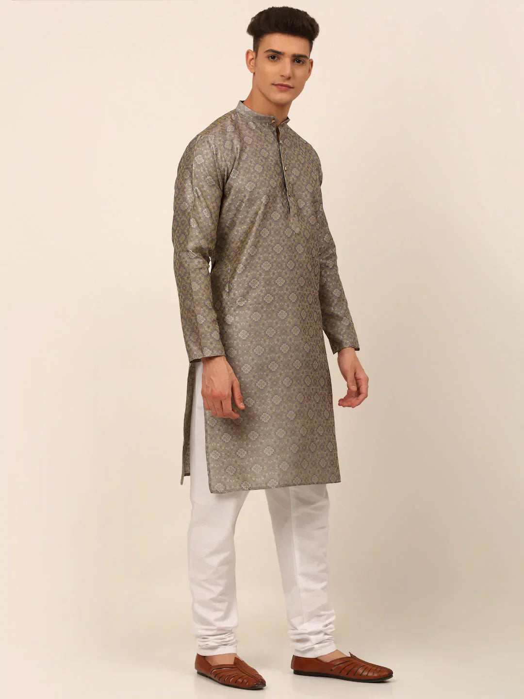 Grey Floral Printed Mens Kurta Pajama Set - Cotton Kurta