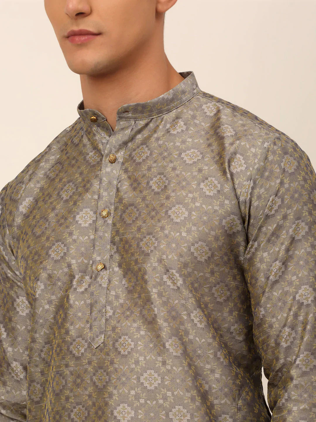 Grey Floral Printed Mens Kurta Pajama Set - Cotton Kurta