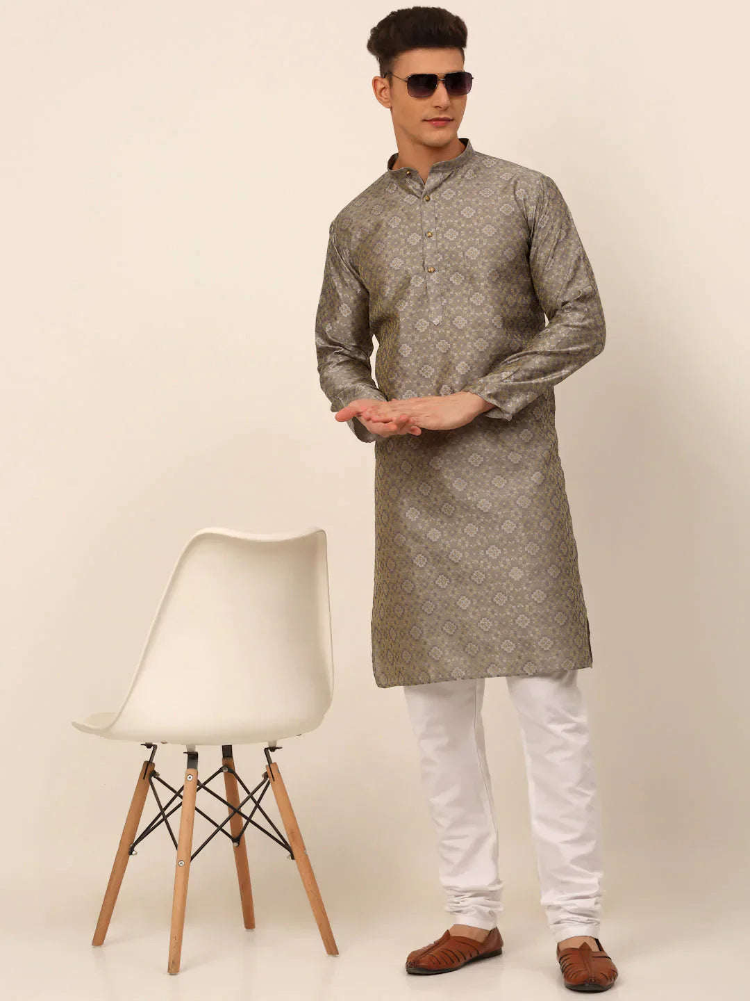 Grey Floral Printed Mens Kurta Pajama Set - Cotton Kurta