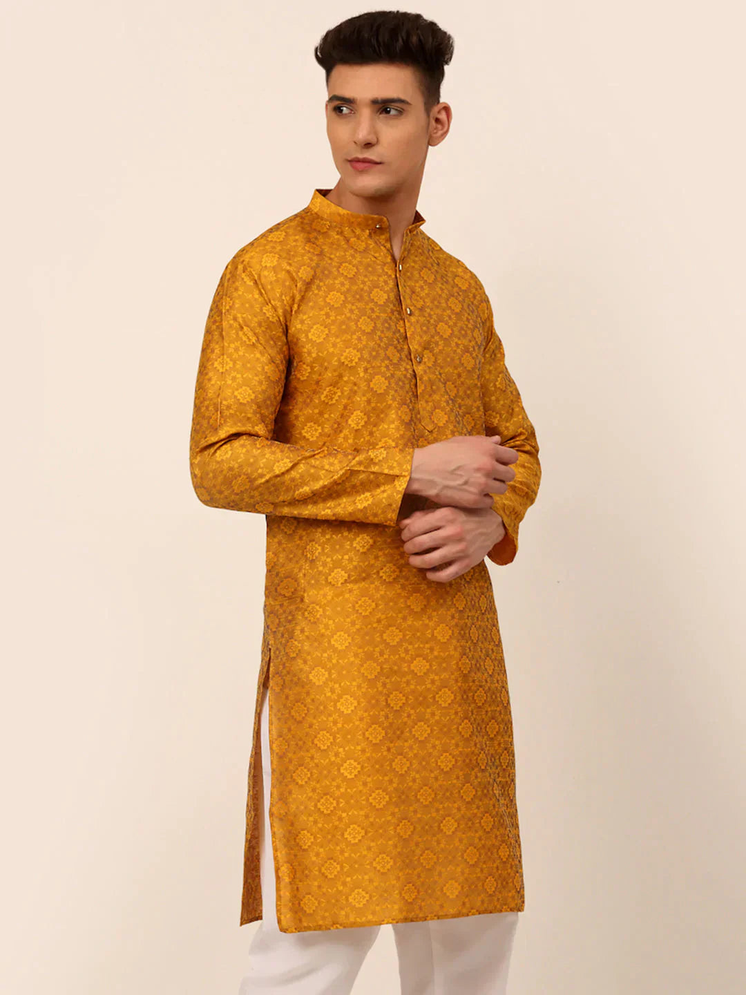 Mustard Floral Printed Mens Kurta Pajama Set | Stylish Kurta