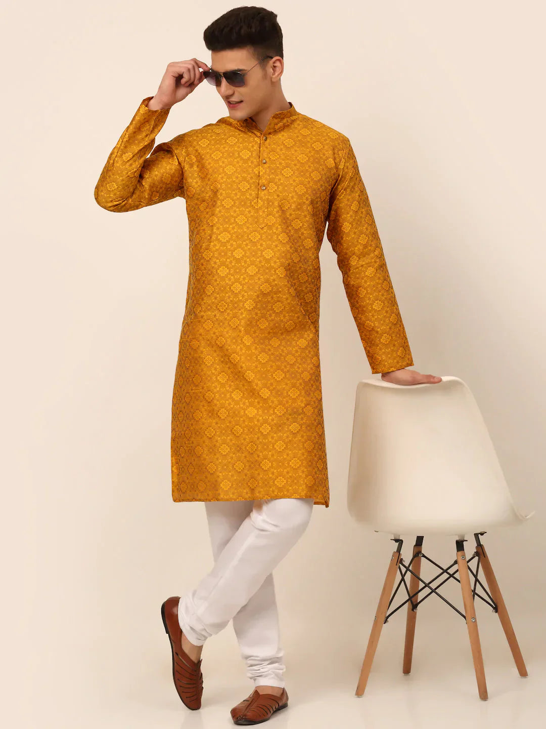 Mustard Floral Printed Mens Kurta Pajama Set | Stylish Kurta