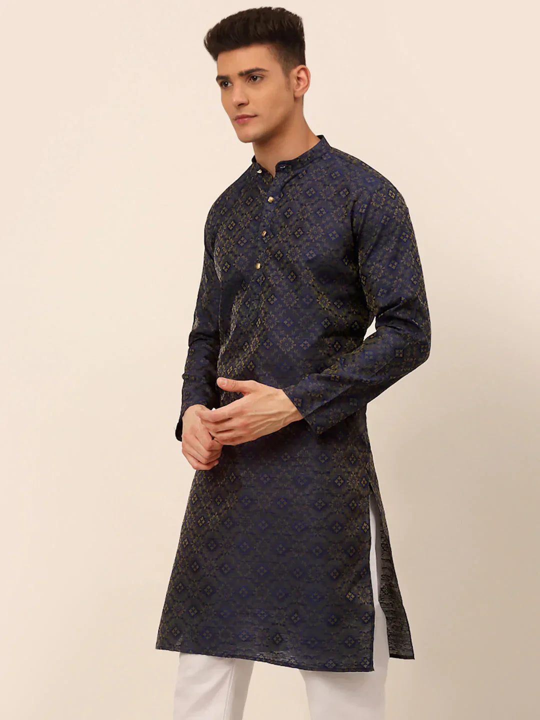 Navy Floral Printed Mens Kurta Pajama Set | Stylish Kurta Pajama