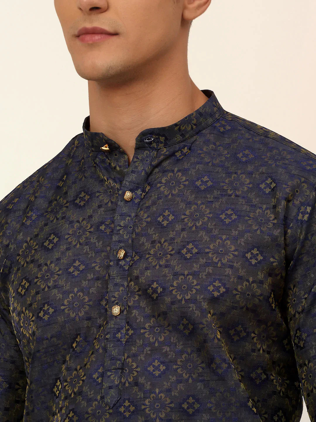 Navy Floral Printed Mens Kurta Pajama Set | Stylish Kurta Pajama