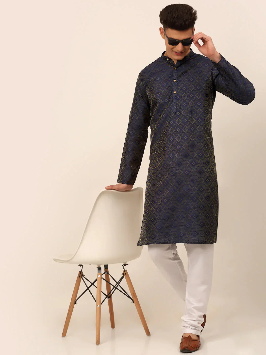 Navy Floral Printed Mens Kurta Pajama Set | Stylish Kurta Pajama