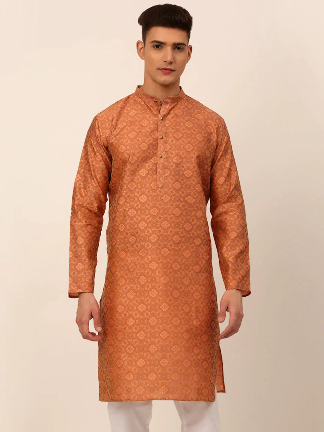 Peach Floral Printed Mens Kurta Pajama Set | Cotton Kurta