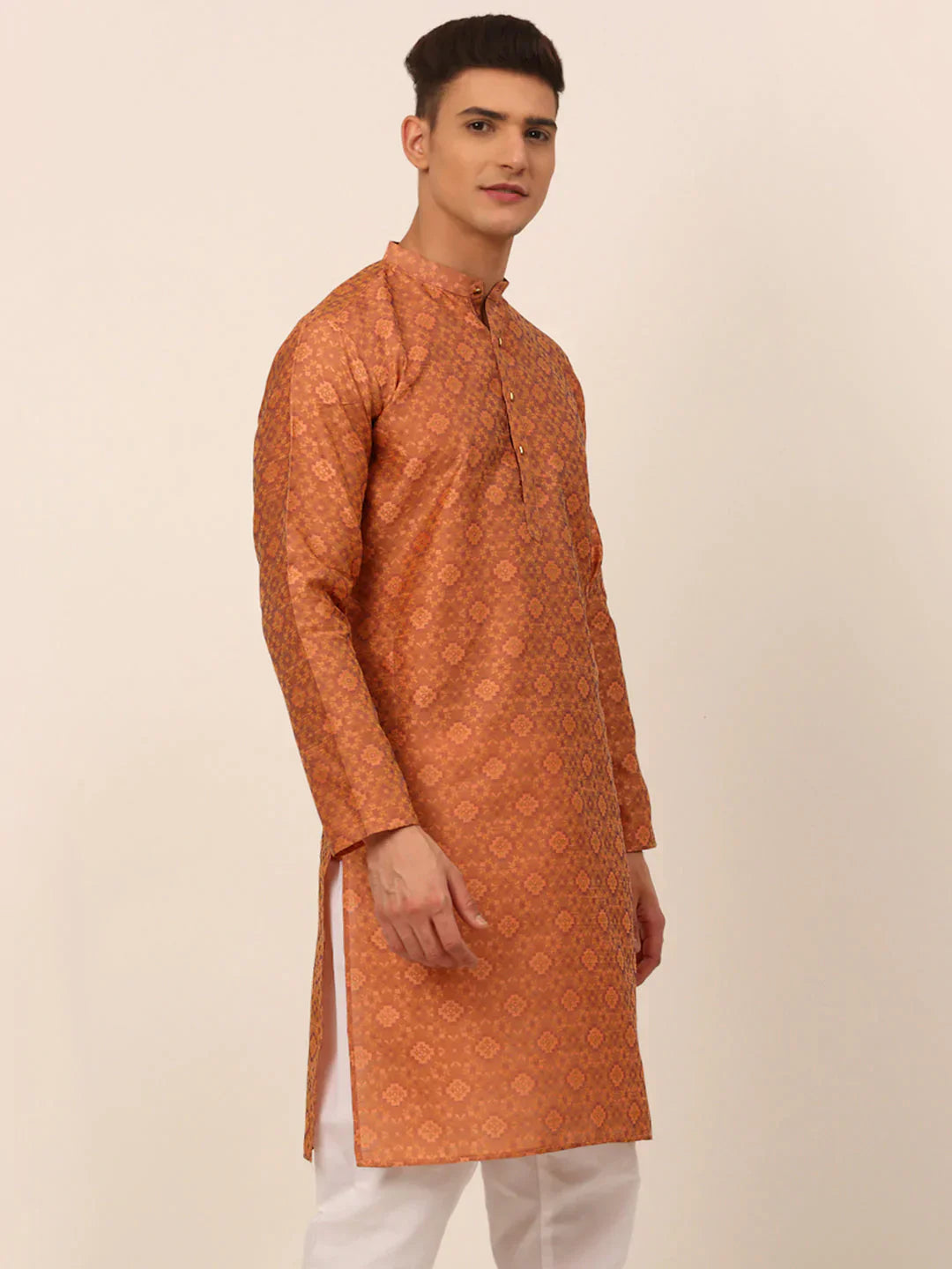 Peach Floral Printed Mens Kurta Pajama Set | Cotton Kurta
