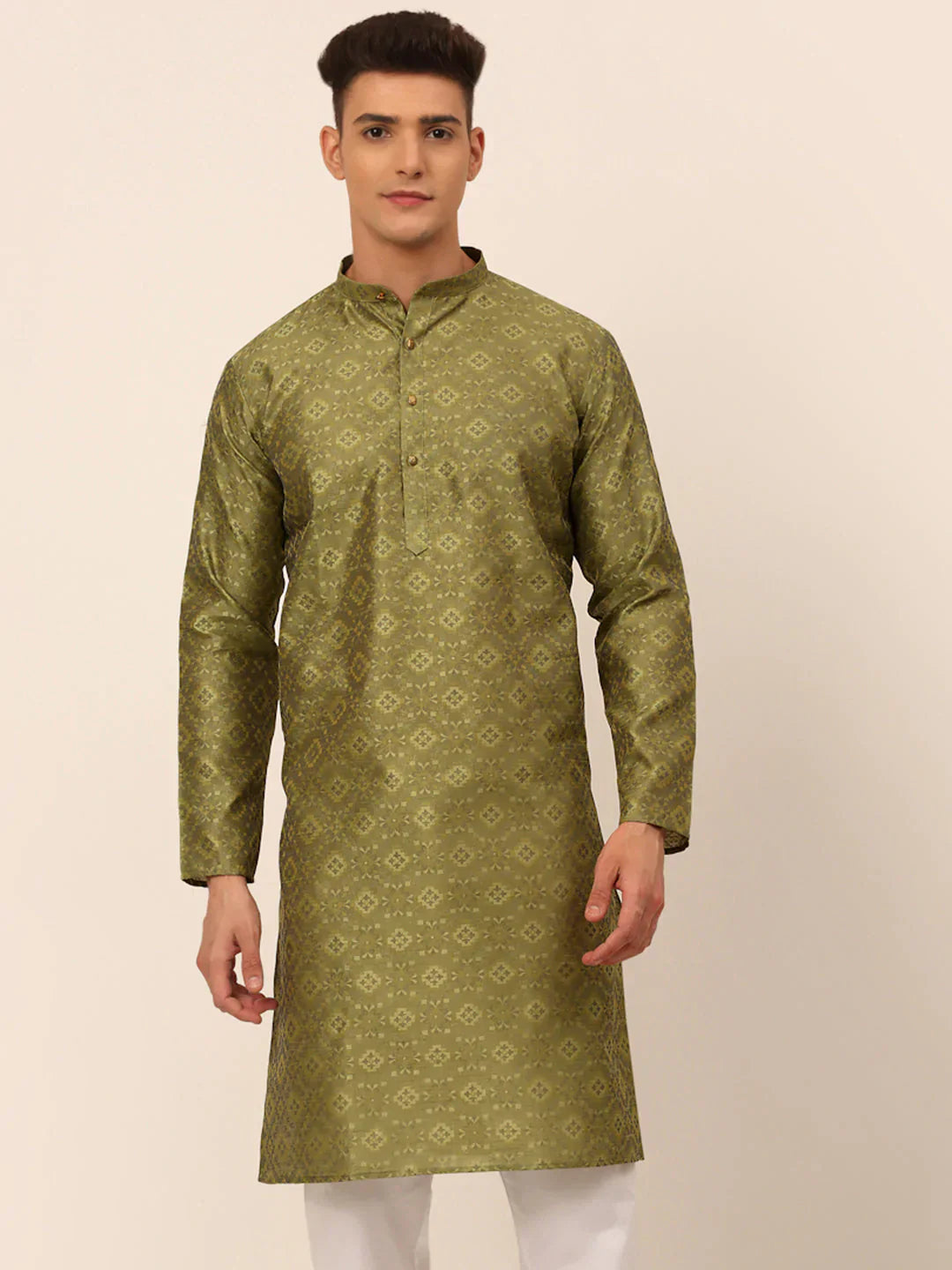 Pista Green Floral Printed Mens Kurta Pajama Set | Cotton