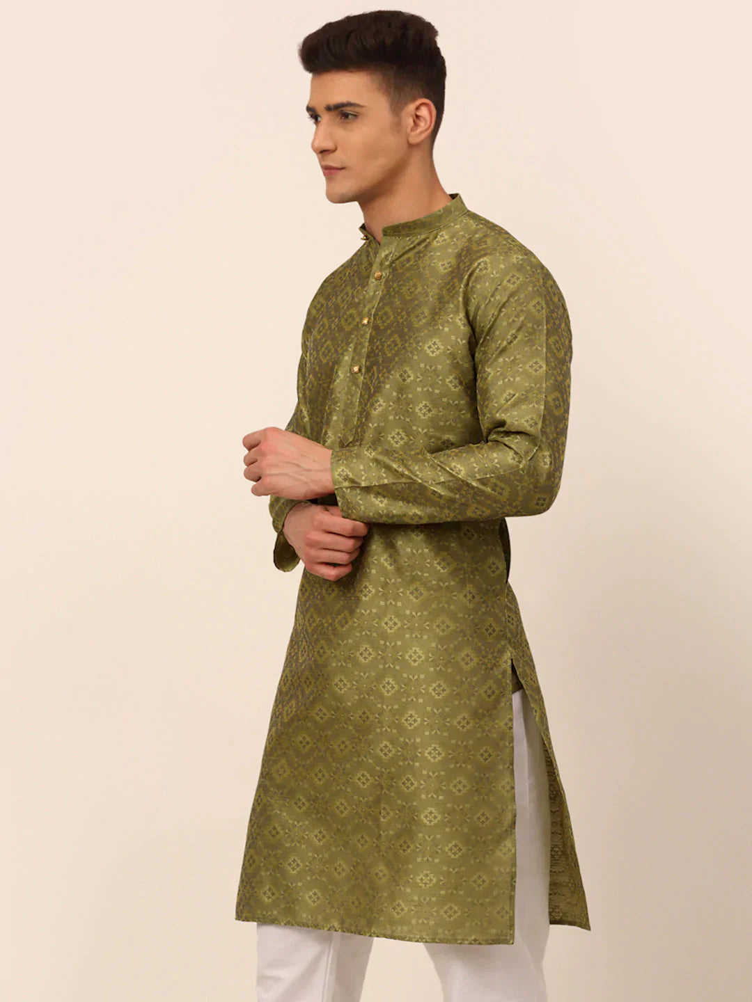 Pista Green Floral Printed Mens Kurta Pajama Set | Cotton