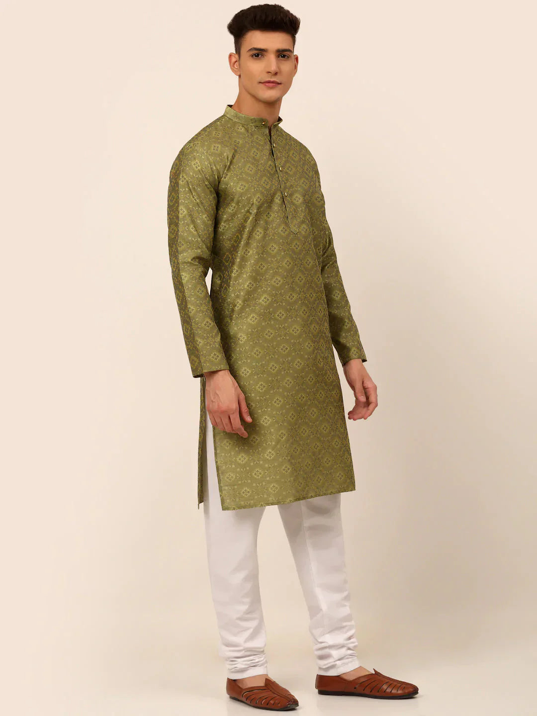 Pista Green Floral Printed Mens Kurta Pajama Set | Cotton