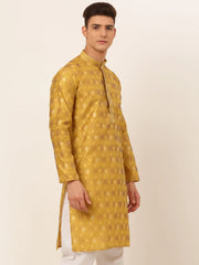 DesiQlo Men's Mustard Collar Embroidered Woven Design Kurta Pajama ( KO 672 Mustard )