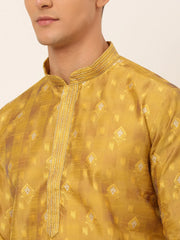 DesiQlo Men's Mustard Collar Embroidered Woven Design Kurta Pajama ( KO 672 Mustard )