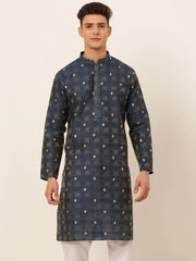 DesiQlo Men's Navy Blue Collar Embroidered Woven Design Kurta Pajama ( KO 672 Navy )