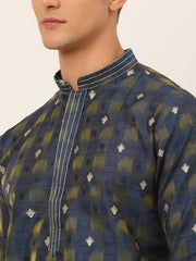 DesiQlo Men's Navy Blue Collar Embroidered Woven Design Kurta Pajama ( KO 672 Navy )