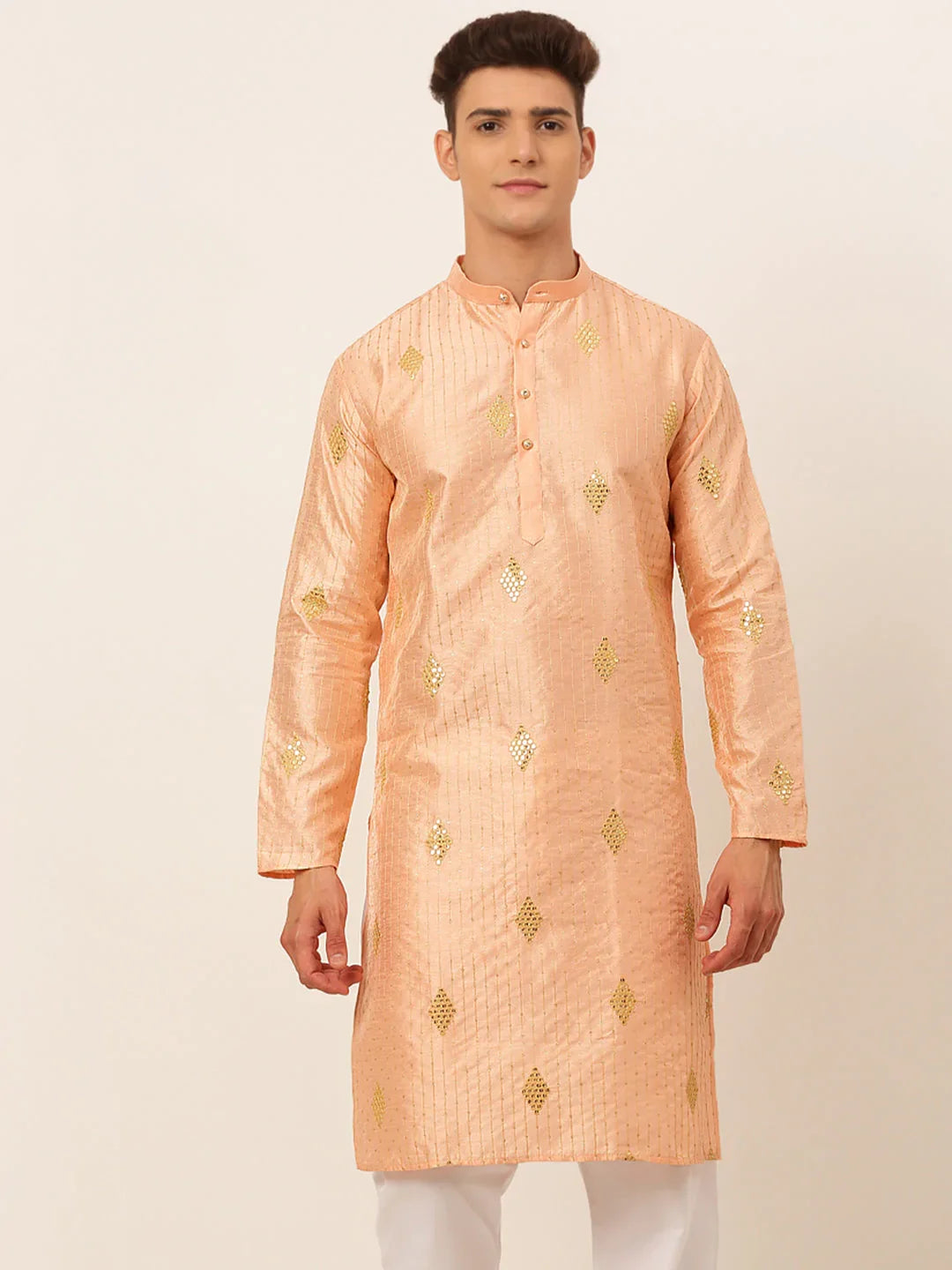 DesiQlo Men Peach Embroidered Sequinned Kurta Only ( KO 673 Peach )