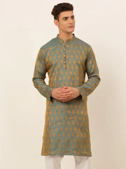 DesiQlo Men's Blue and Golden Woven Design Kurta Only ( KO 674 Blue )