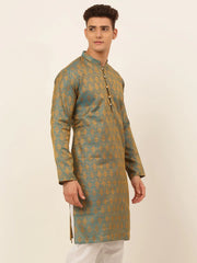 DesiQlo Men's Blue and Golden Woven Design Kurta Only ( KO 674 Blue )