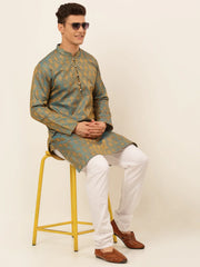 DesiQlo Men's Blue and Golden Woven Design Kurta Only ( KO 674 Blue )