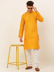 DesiQlo Men's Mustard and Golden Woven Design Kurta Only ( KO 674 Mustard )