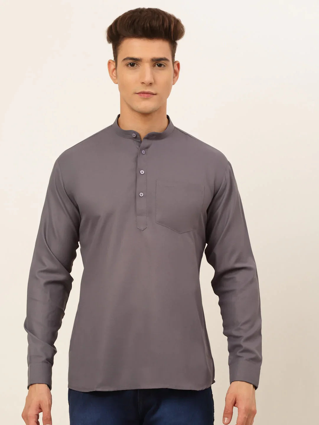 DesiQlo Men's Grey Solid Cotton Short Kurta ( KO 677 Grey ) [FF] [A-20]