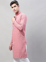 Men Coral Red Chikankari Embroidered and Sequence Kurtas-KO-678