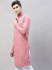 Men Coral Red Chikankari Embroidered and Sequence Kurtas-KO-678