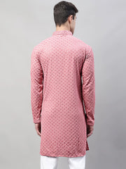 Men Coral Red Chikankari Embroidered and Sequence Kurtas-KO-678