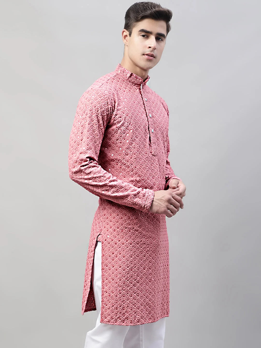 Coral Red Chikankari Mens Kurta | Indian Kurta for Men