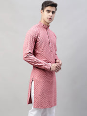 Men Coral Red Chikankari Embroidered and Sequence Kurtas-KO-678