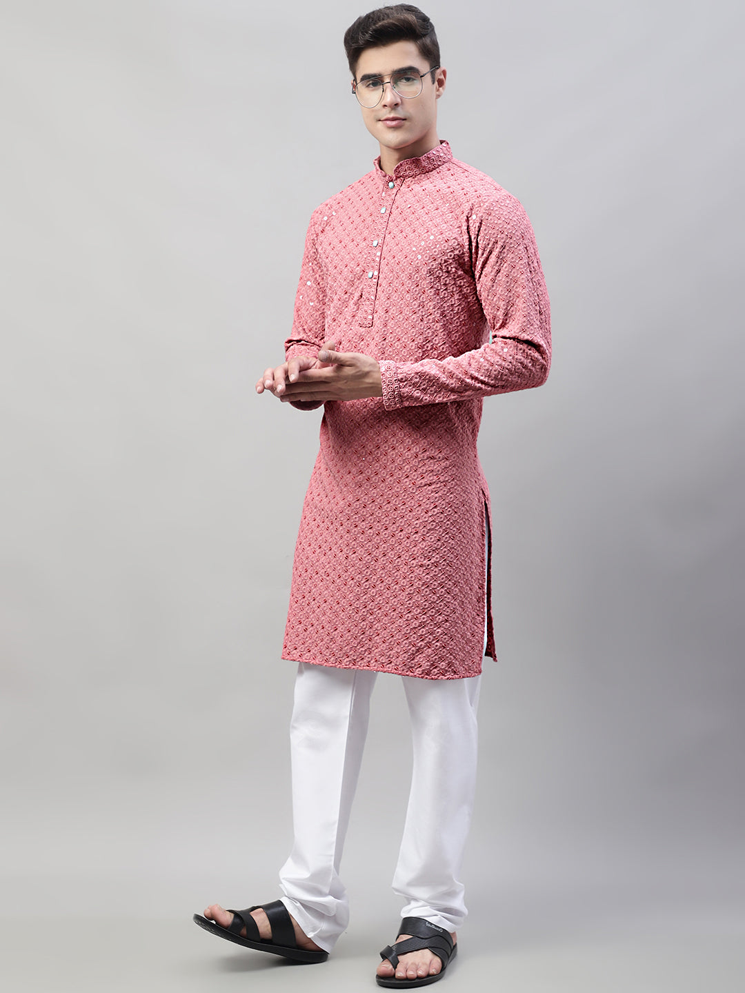 Coral Red Chikankari Mens Kurta | Indian Kurta for Men