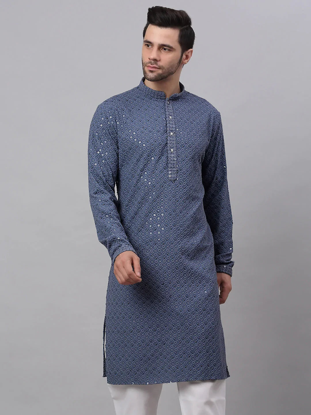 Men Grey Chikankari Embroidered and Sequence Kurta Only ( KO 678 Grey ) [FF] [L-1-4]