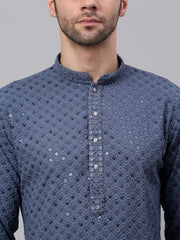 Men Grey Chikankari Embroidered and Sequence Kurta Only ( KO 678 Grey ) [FF] [L-1-4]