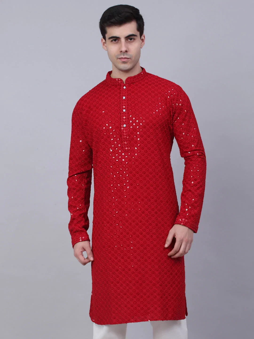 Men Maroon Chikankari Embroidered and Sequence Kurta Only ( KO 678 Maroon ) [FF] [L-1-4]