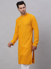 Men Mustard Chikankari Embroidered and Sequence Kurta Only ( KO 678 Mustard ) [FF] [L-1-4]