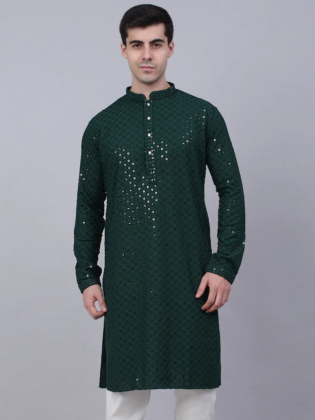 Men Olive Green Chikankari Embroidered and Sequence Kurta Only ( KO 678 Olive ) [FF] [L-1-4]
