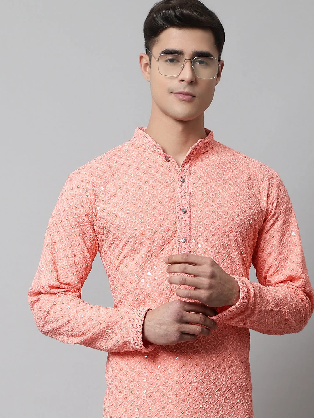 Men Peach Chikankari Embroidered and Sequence Kurtas ( KO 678Peach )-KO-678