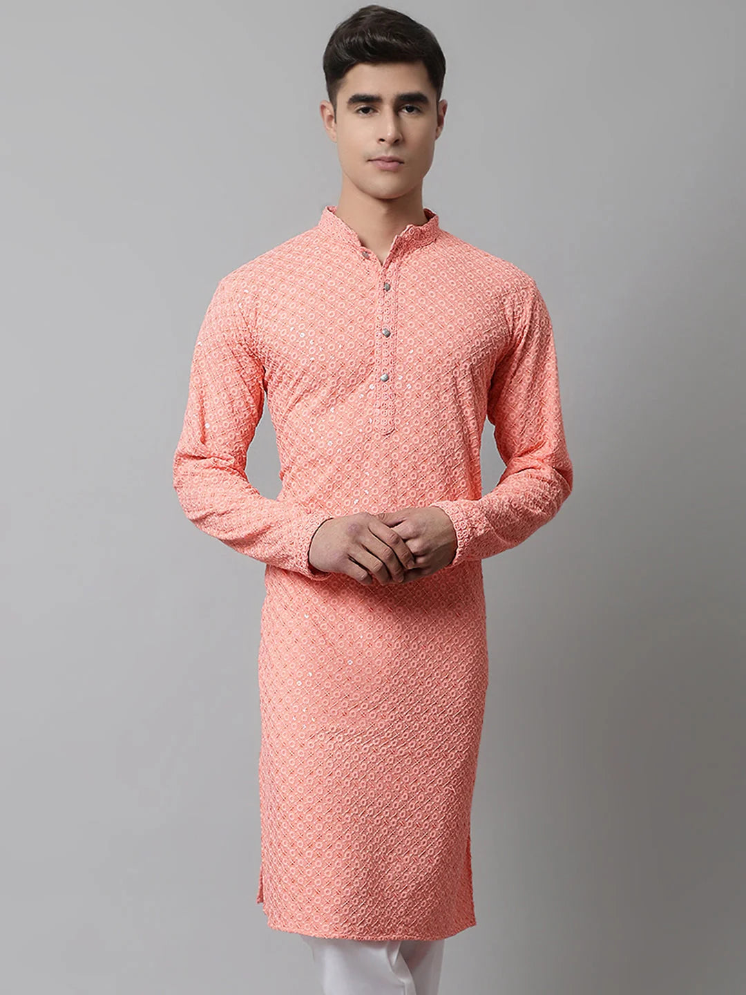 Peach Chikankari Mens Kurta | Embroidered Indian Kurta