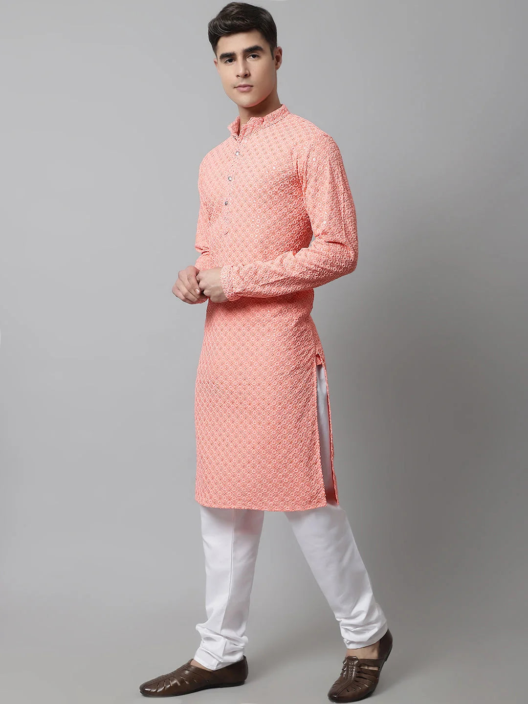 Peach Chikankari Mens Kurta | Embroidered Indian Kurta
