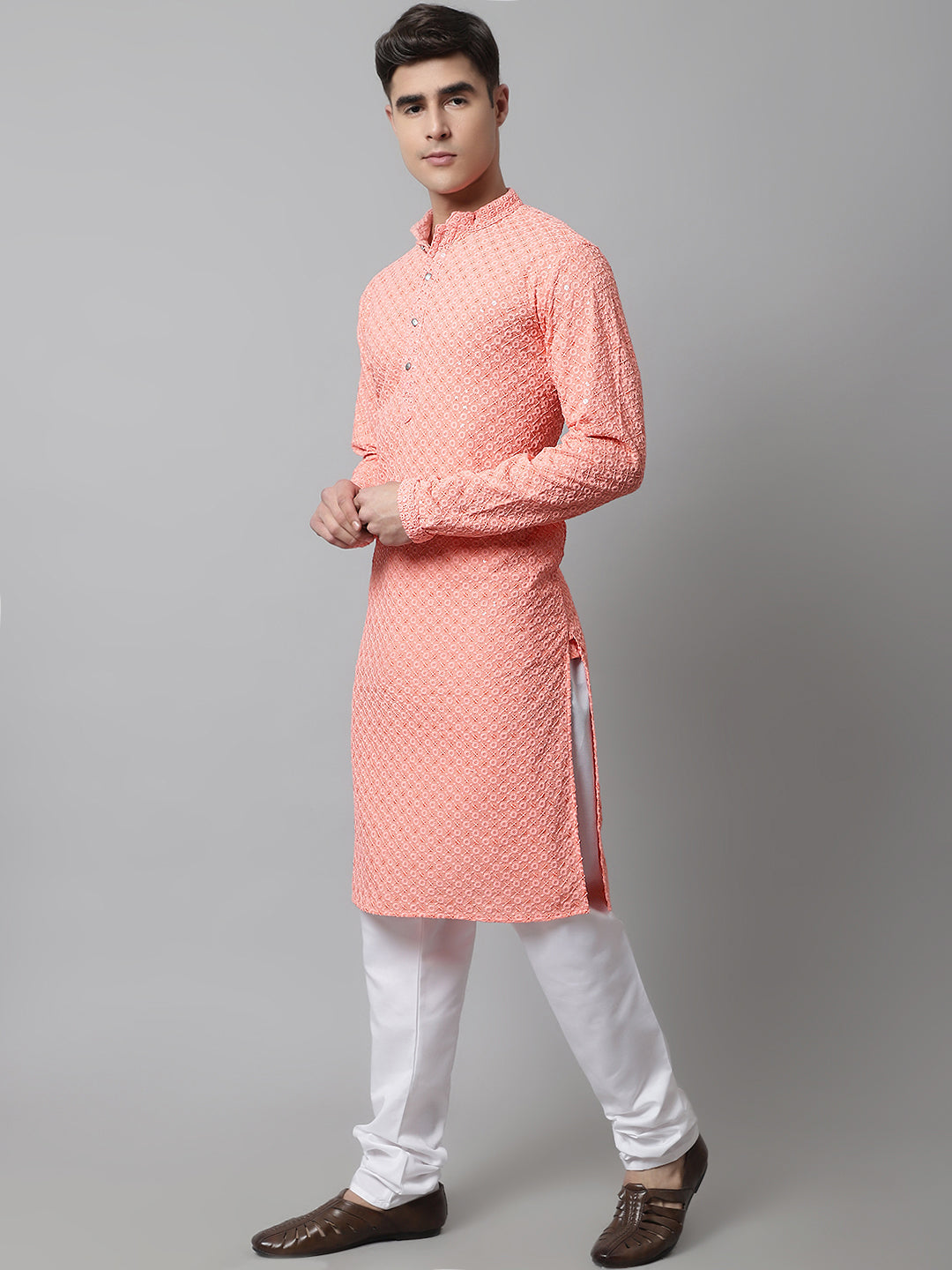 Peach Chikankari Mens Kurta | Embroidered Indian Kurta