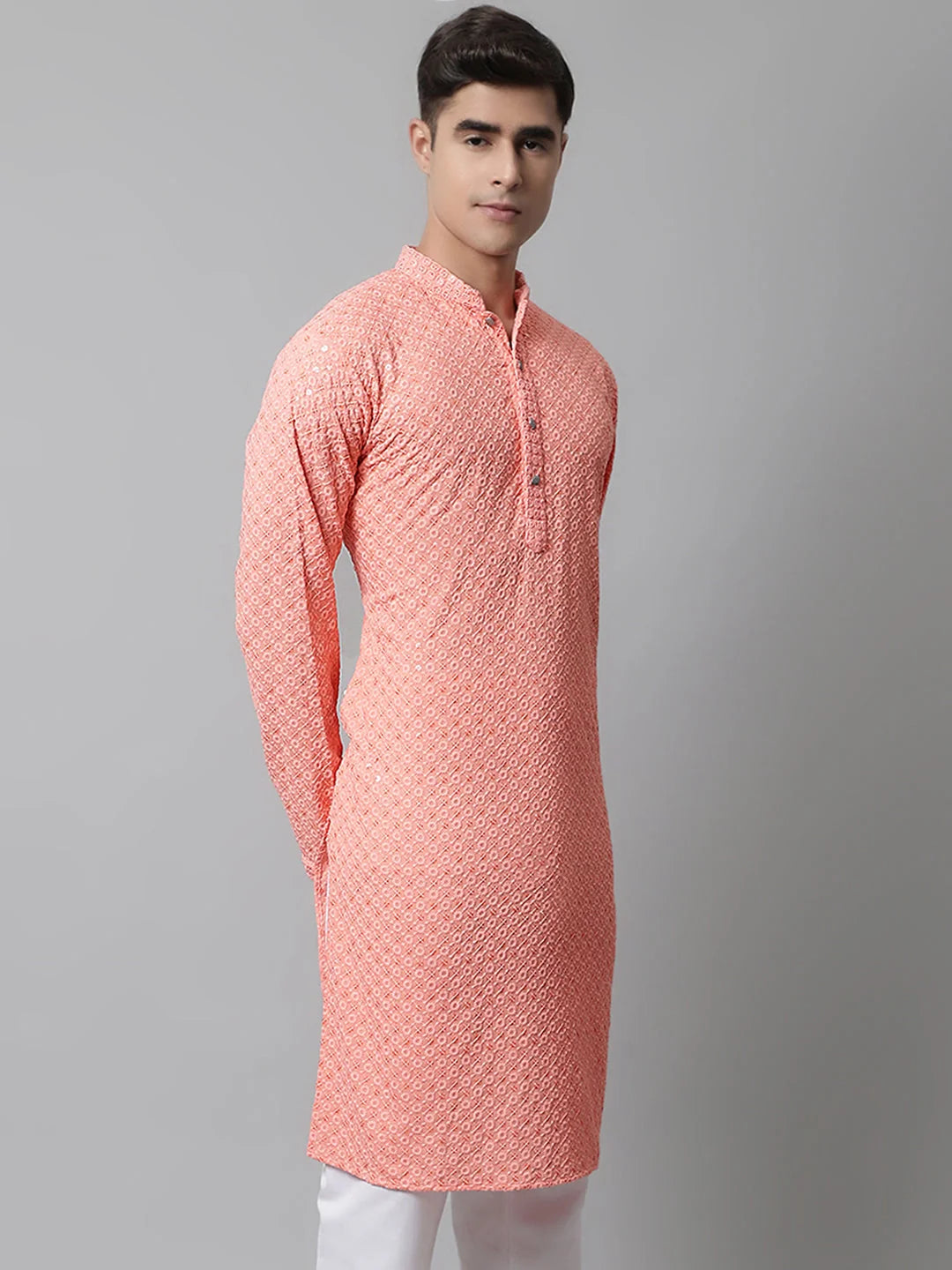 Peach Chikankari Mens Kurta | Embroidered Indian Kurta
