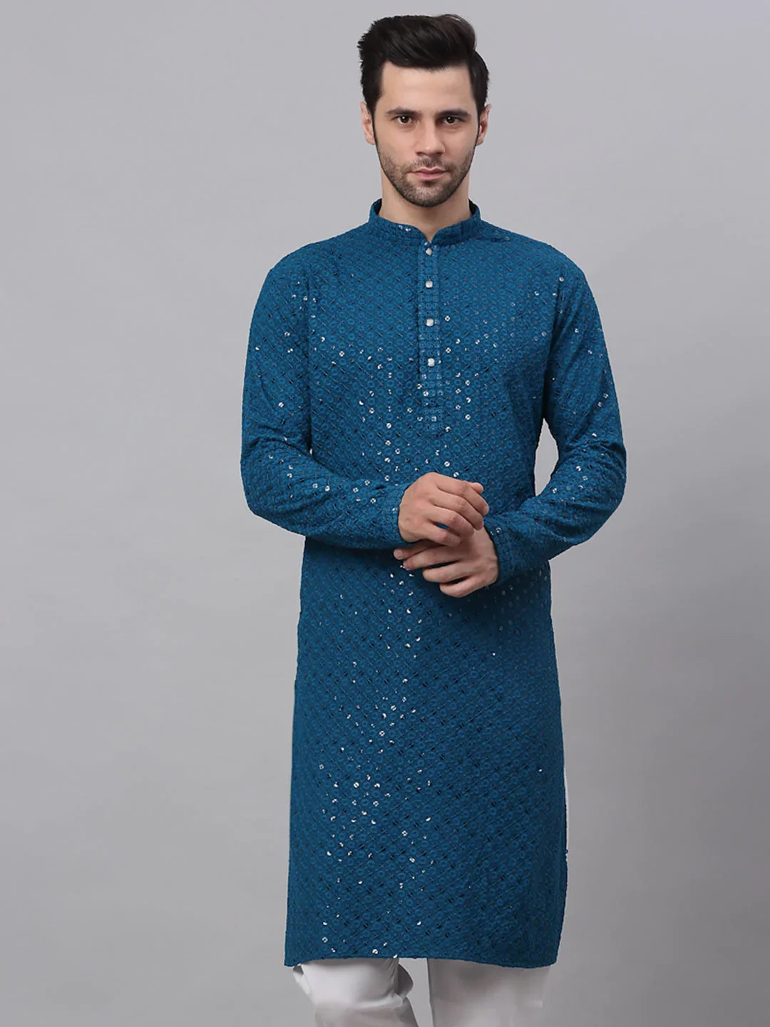 Men Blue Chikankari Embroidered and Sequence Kurta Only ( KO 678 Peacock ) [FF] [L-1-4]
