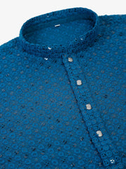 Men Blue Chikankari Embroidered and Sequence Kurta Only ( KO 678 Peacock ) [FF] [L-1-4]