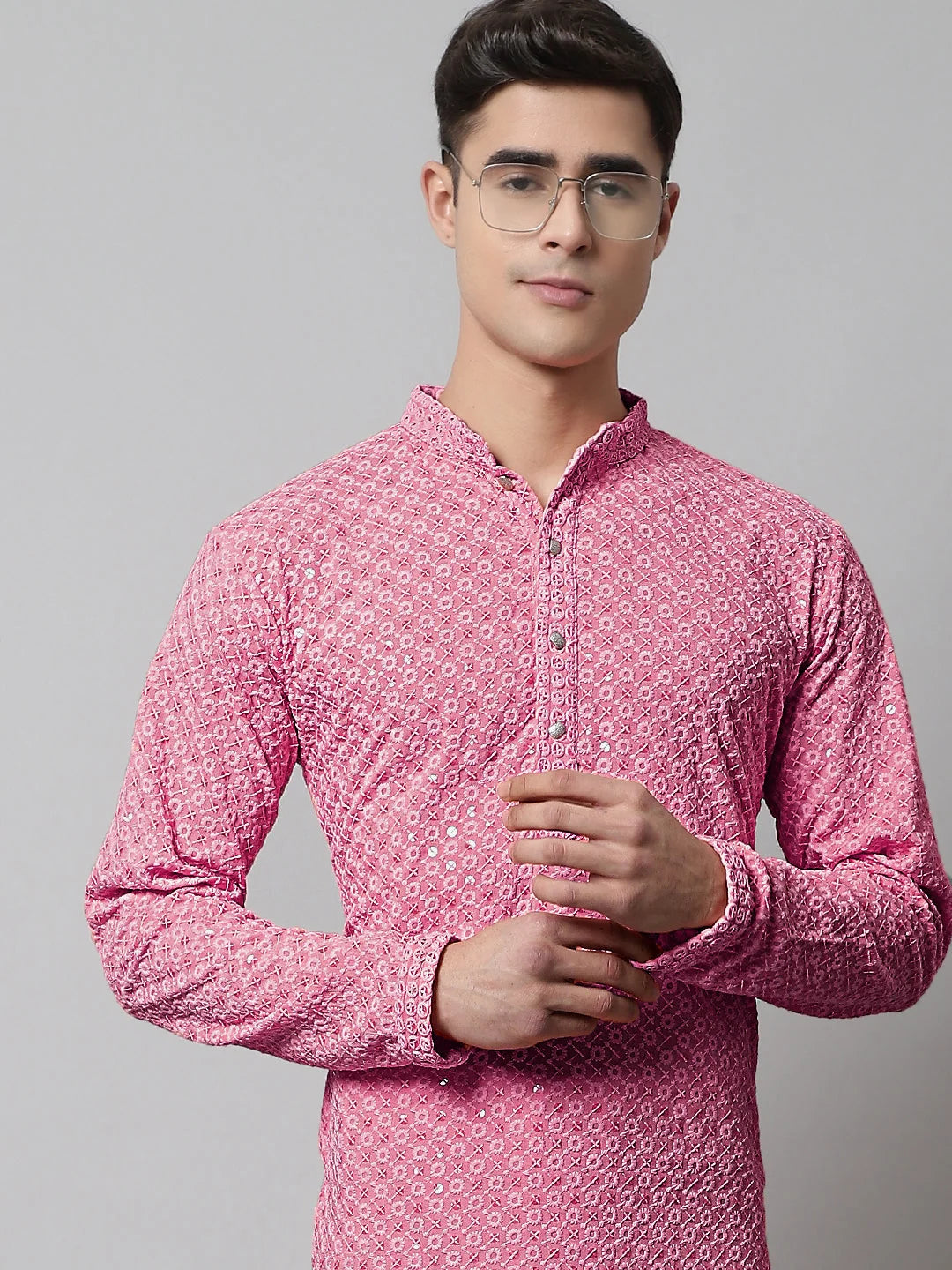 Men Pink Chikankari Embroidered and Sequence Kurtas-KO-678