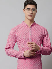 Men Pink Chikankari Embroidered and Sequence Kurtas-KO-678