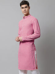 Men Pink Chikankari Embroidered and Sequence Kurtas-KO-678