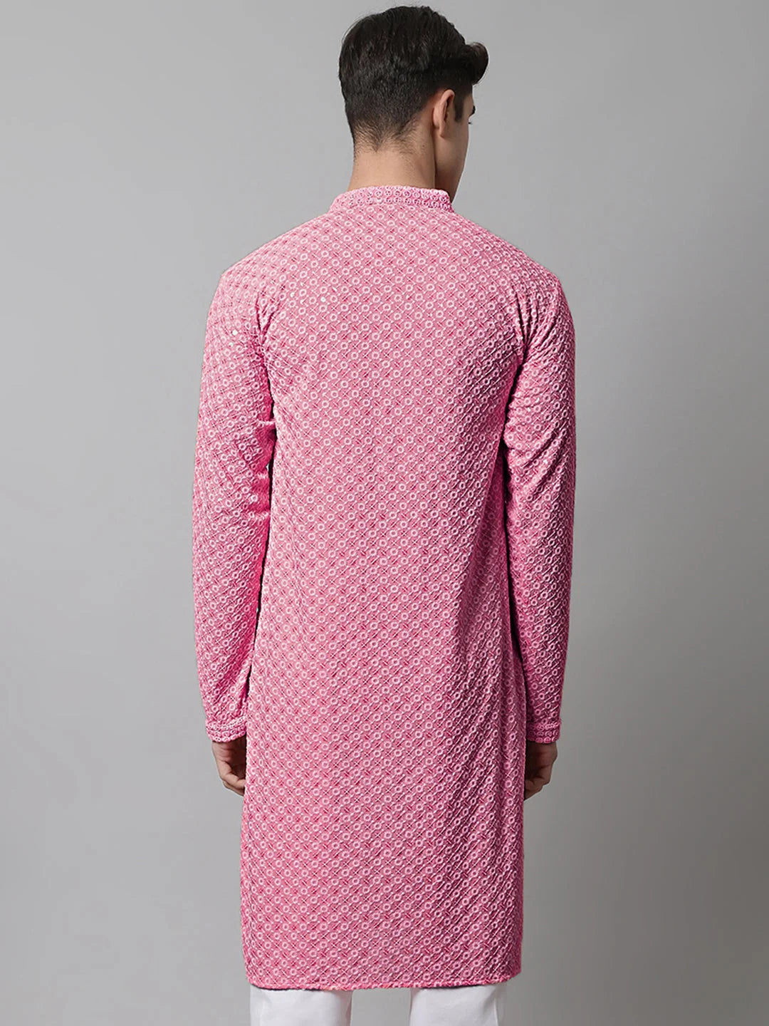 Pink Chikankari Mens Kurta - Embroidered Indian Kurta for Men