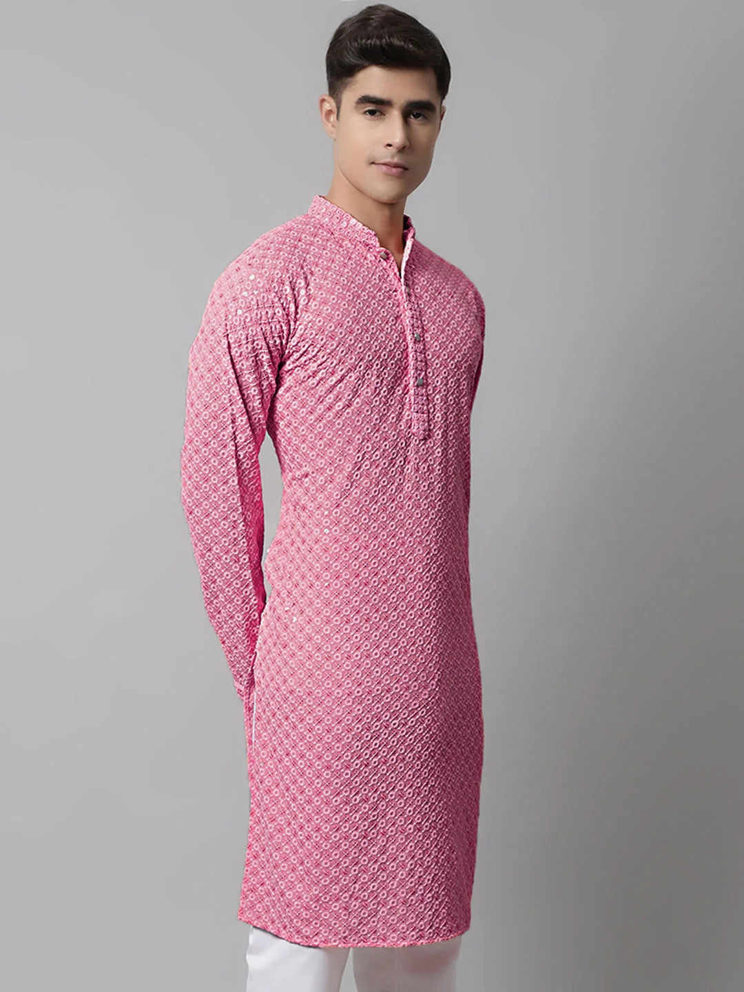 Pink Chikankari Mens Kurta - Embroidered Indian Kurta for Men