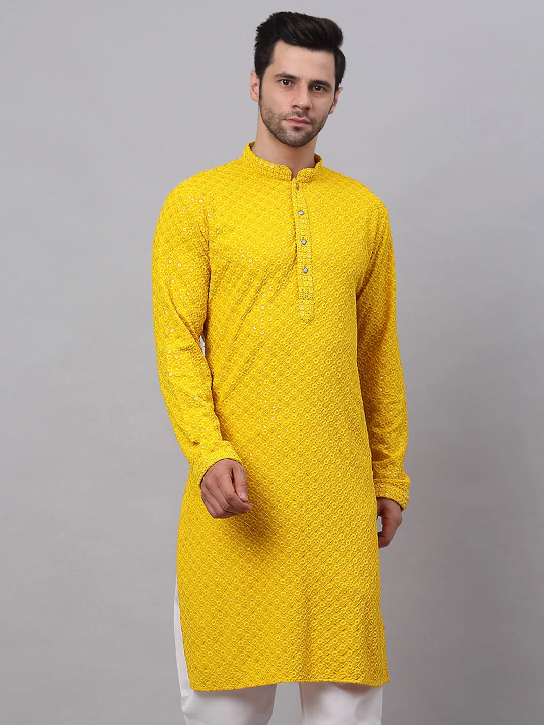 Men Yellow Chikankari Embroidered and Sequence Kurtas. ( KO 678Yellow )-KO-678