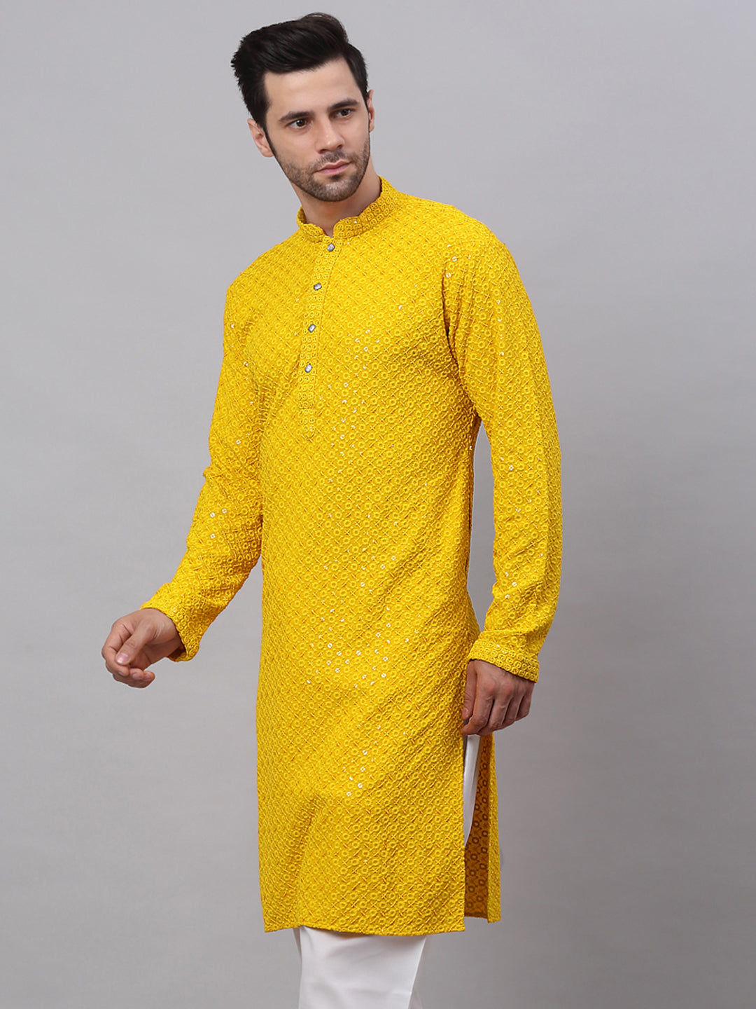 Stylish Yellow Chikankari Men's Kurta - Indian Kurta for Men