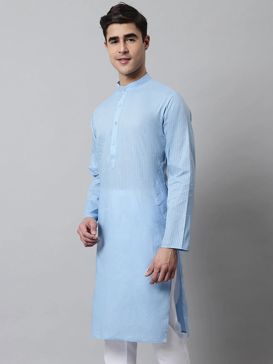 Light Blue Cotton Striped Mens Kurta | Indian Kurta Online