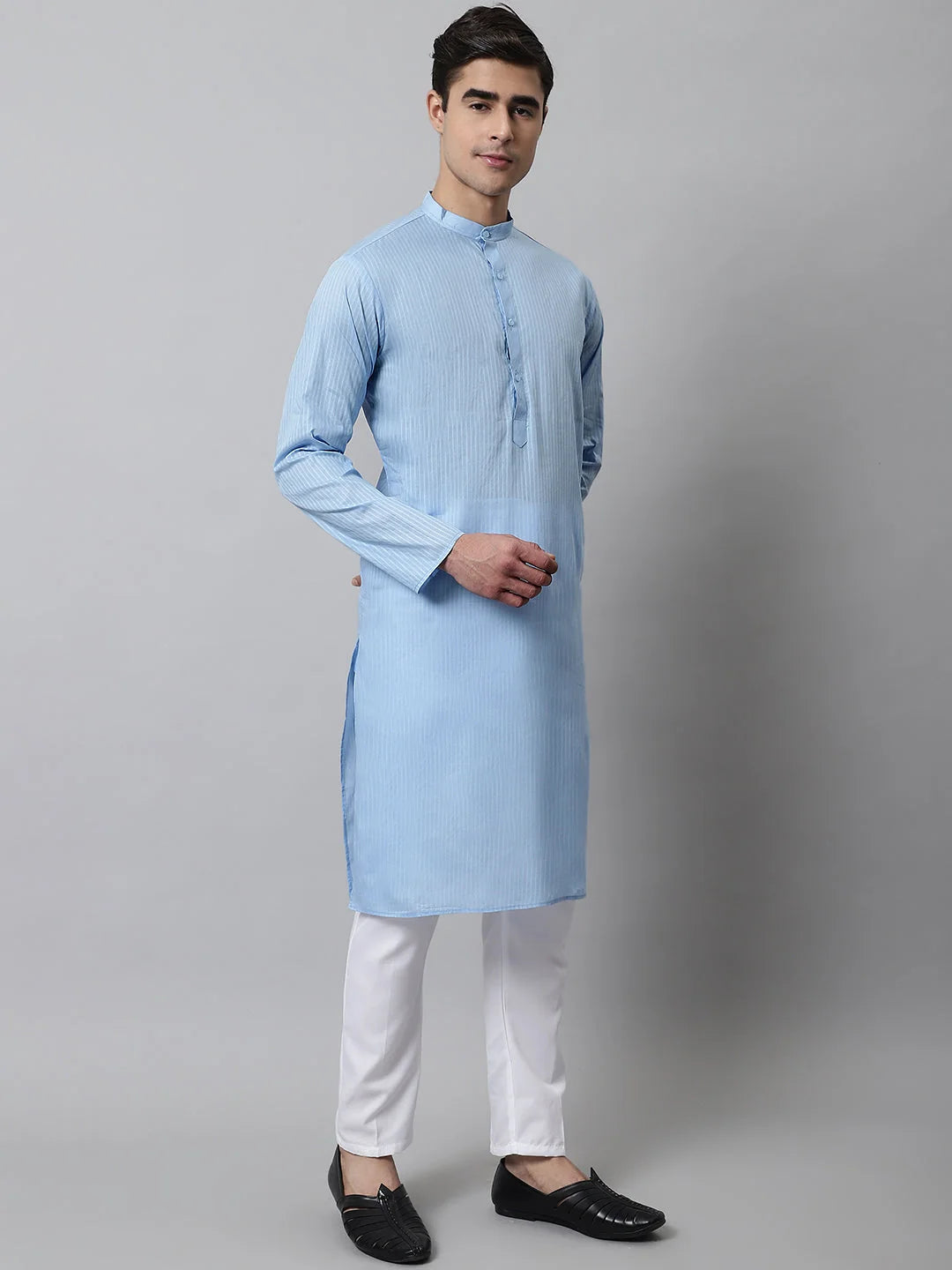 Light Blue Cotton Striped Mens Kurta | Indian Kurta Online